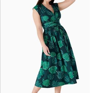 Green “Monstera Leaves” poplin bow dress from KATE SPADE — size 12. NWT